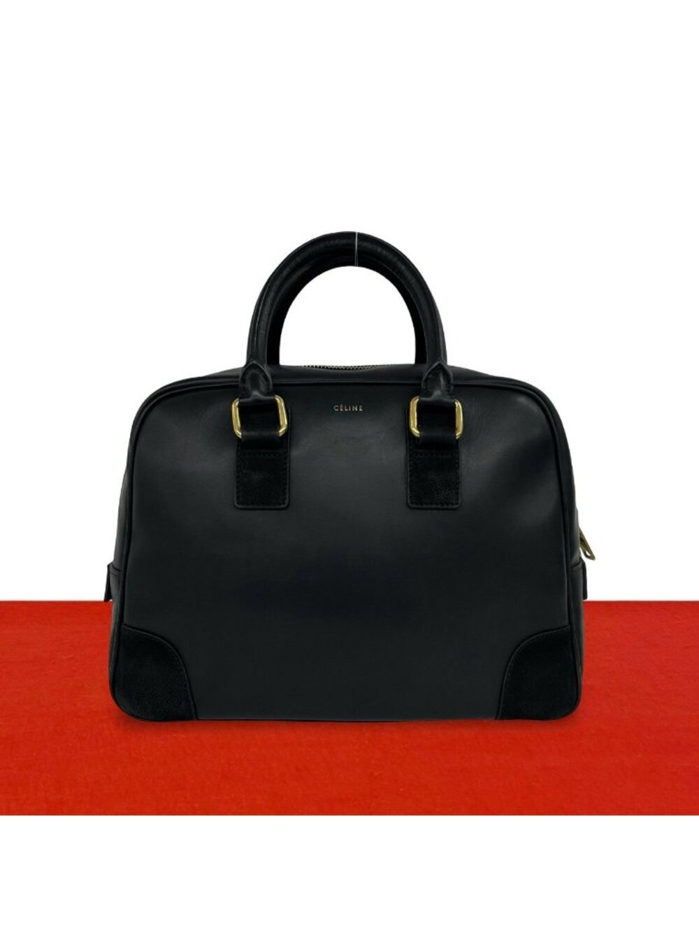 Celine Logo Suede Leather Round Zip Mini Boston Bag Black